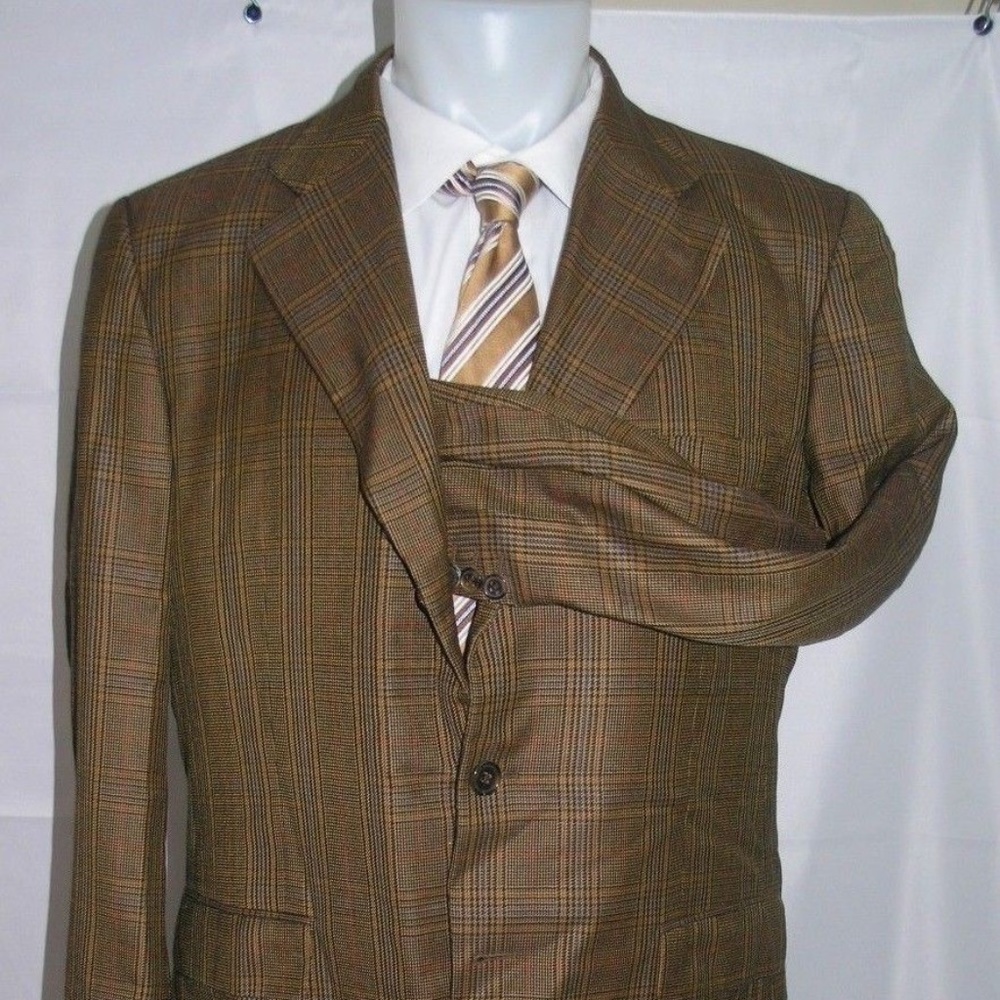 Belvest Vintage Chinese Cashmere Brown Plaid Three Roll Two Blazer 44R